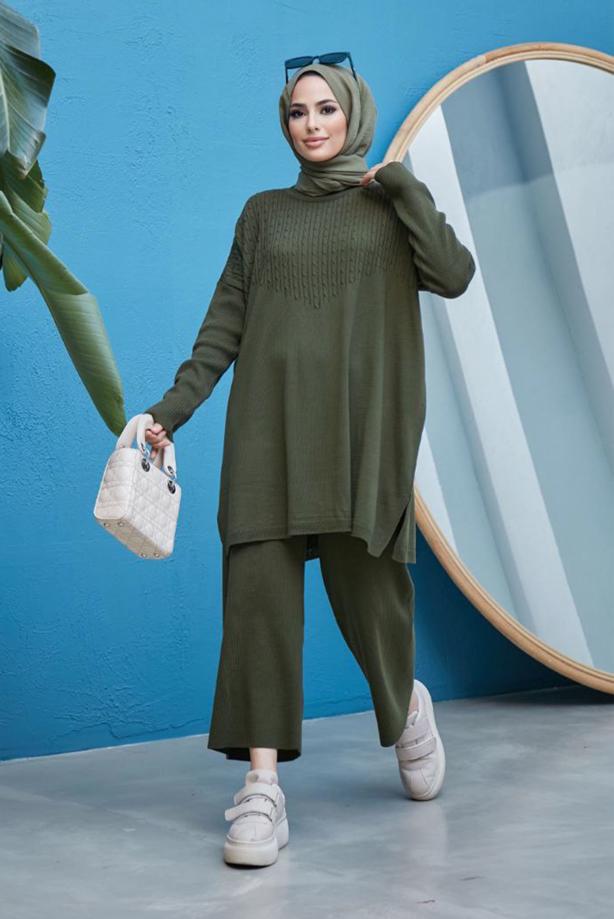 Vêtements hijab  CABLE-KNIT DETAIL 2-PIECE KNITWEAR PANTS SUIT 0503  - TRENDTESETTÜR