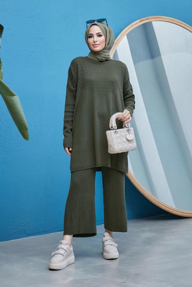 Vêtements hijab  CABLE-KNIT DETAIL 2-PIECE KNITWEAR PANTS SUIT 0503  - TRENDTESETTÜR