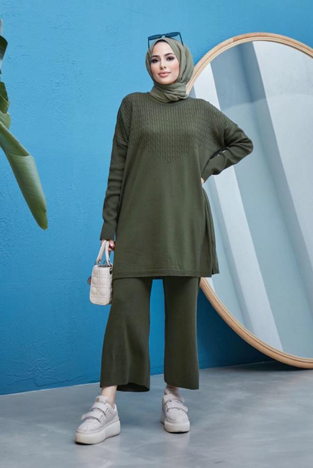 Vêtements hijab  CABLE-KNIT DETAIL 2-PIECE KNITWEAR PANTS SUIT 0503  - TRENDTESETTÜR