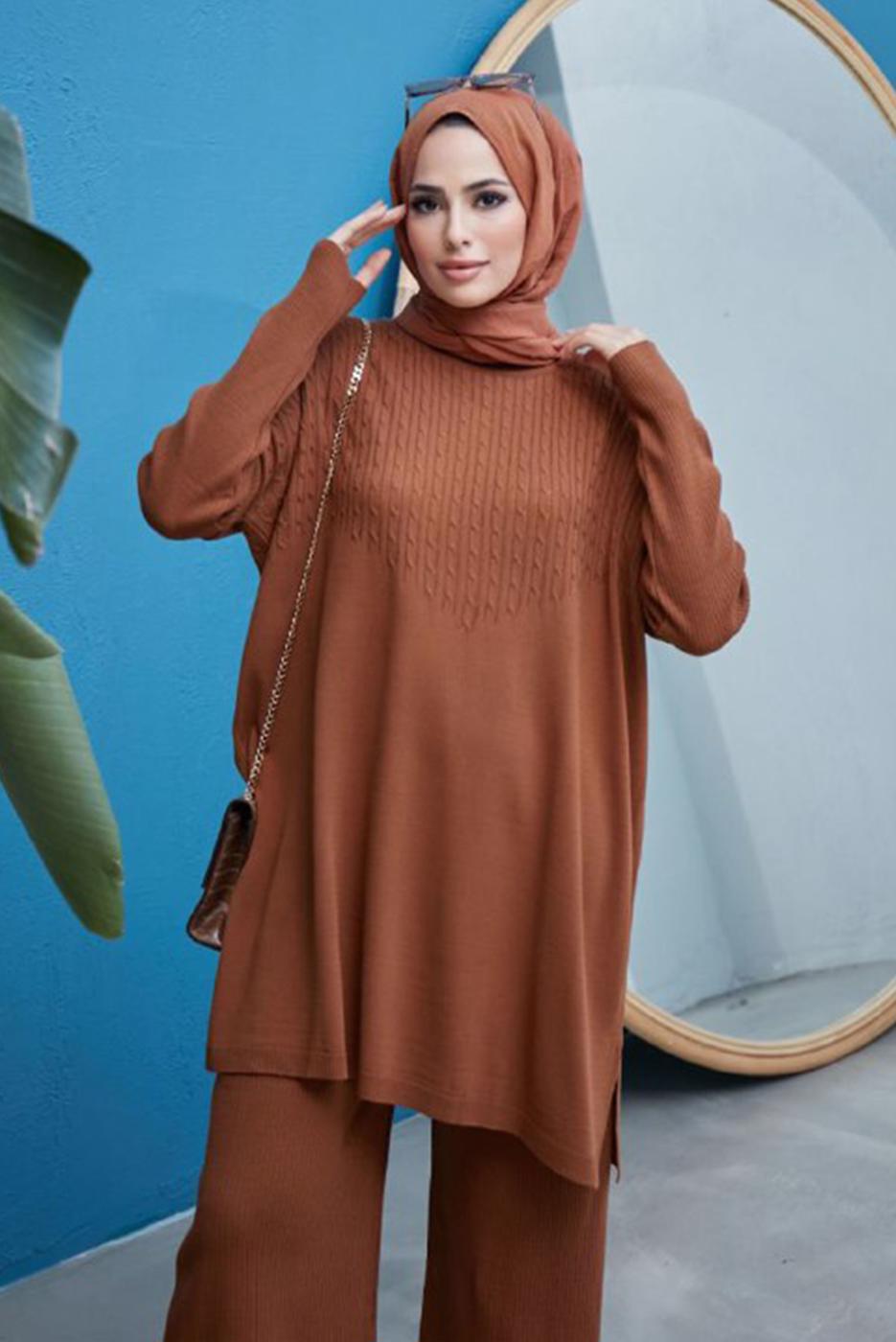 Vêtements hijab TABA COSTUME PANTALON EN MAILLE 2 PIÈCES DÉTAILLÉES EN TRICOT 0503 