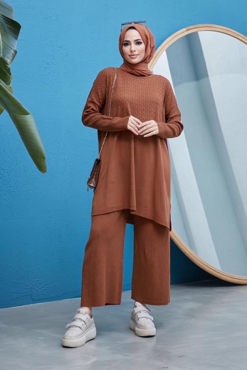 Hijab clothing TABA CABLE-KNIT DETAIL 2-PIECE KNITWEAR PANTS SUIT 0503 