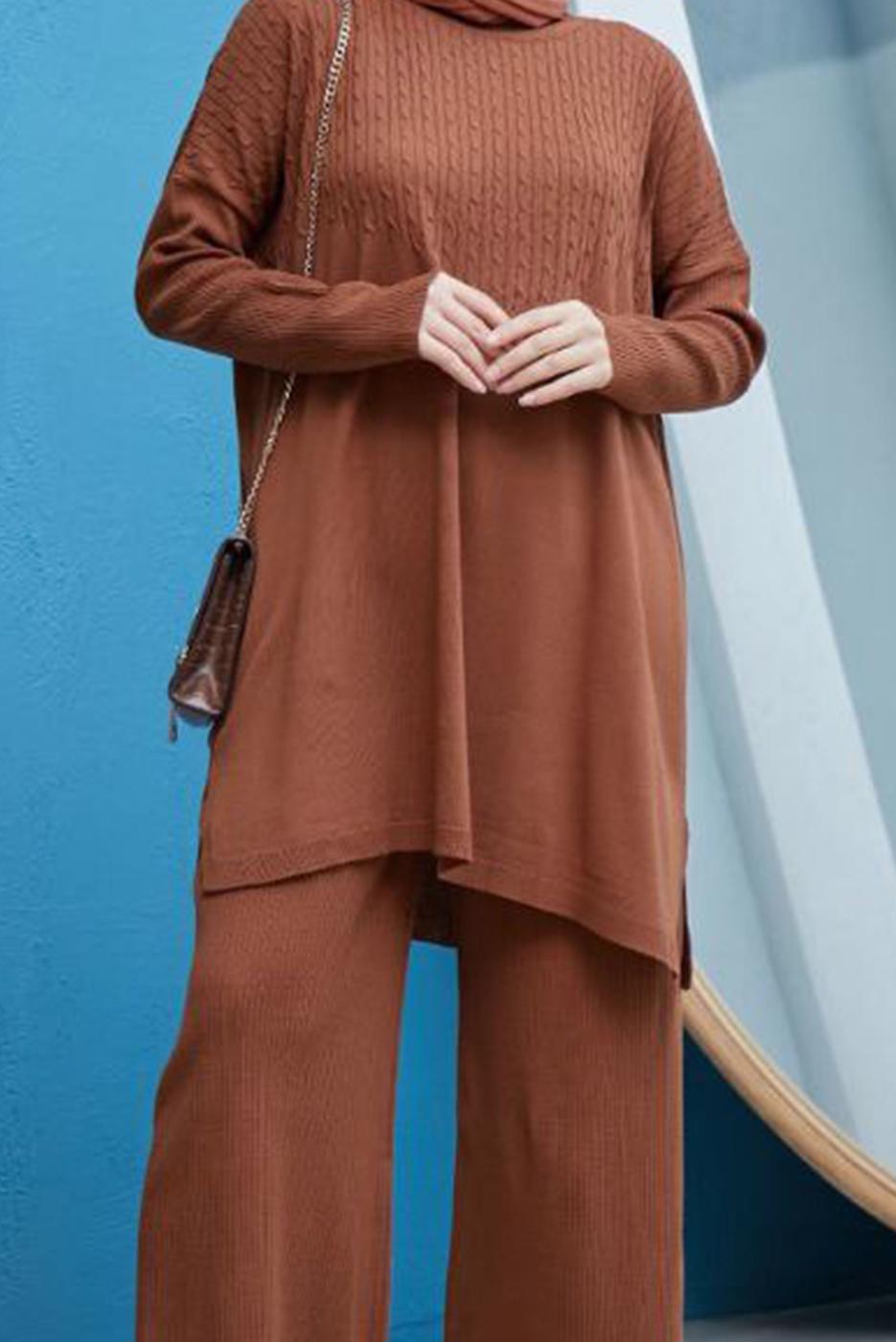 Hijab clothing TABA CABLE-KNIT DETAIL 2-PIECE KNITWEAR PANTS SUIT 0503 