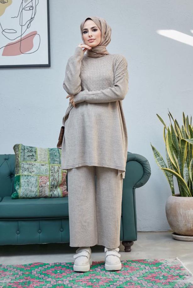Vêtements hijab  CABLE-KNIT DETAIL 2-PIECE KNITWEAR PANTS SUIT 0503  - TRENDTESETTÜR