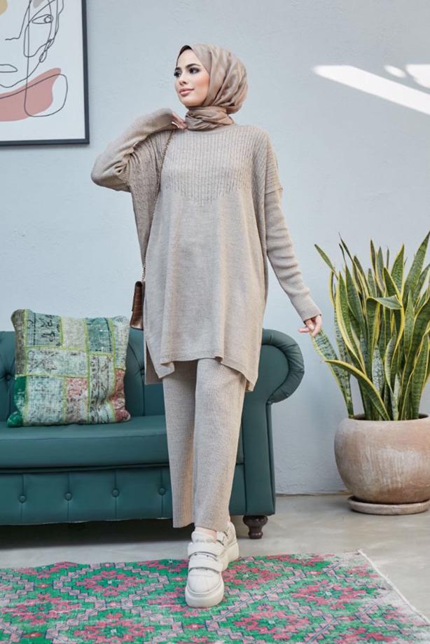Vêtements hijab  CABLE-KNIT DETAIL 2-PIECE KNITWEAR PANTS SUIT 0503  - TRENDTESETTÜR