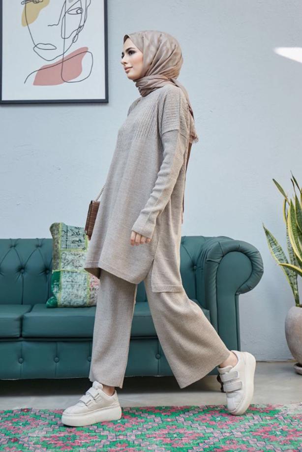 Vêtements hijab  CABLE-KNIT DETAIL 2-PIECE KNITWEAR PANTS SUIT 0503  - TRENDTESETTÜR