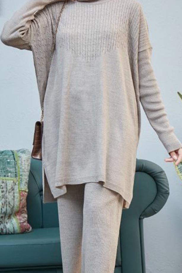 Vêtements hijab  CABLE-KNIT DETAIL 2-PIECE KNITWEAR PANTS SUIT 0503  - TRENDTESETTÜR