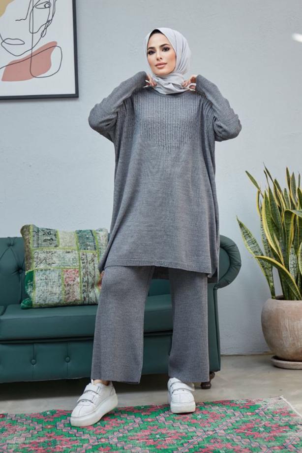 Vêtements hijab  CABLE-KNIT DETAIL 2-PIECE KNITWEAR PANTS SUIT 0503  - TRENDTESETTÜR
