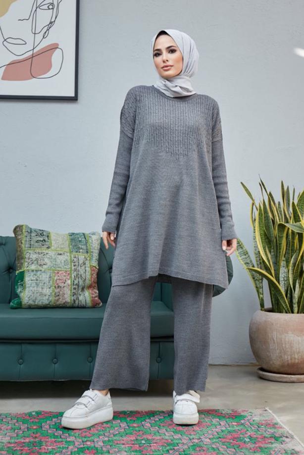 Vêtements hijab  CABLE-KNIT DETAIL 2-PIECE KNITWEAR PANTS SUIT 0503  - TRENDTESETTÜR