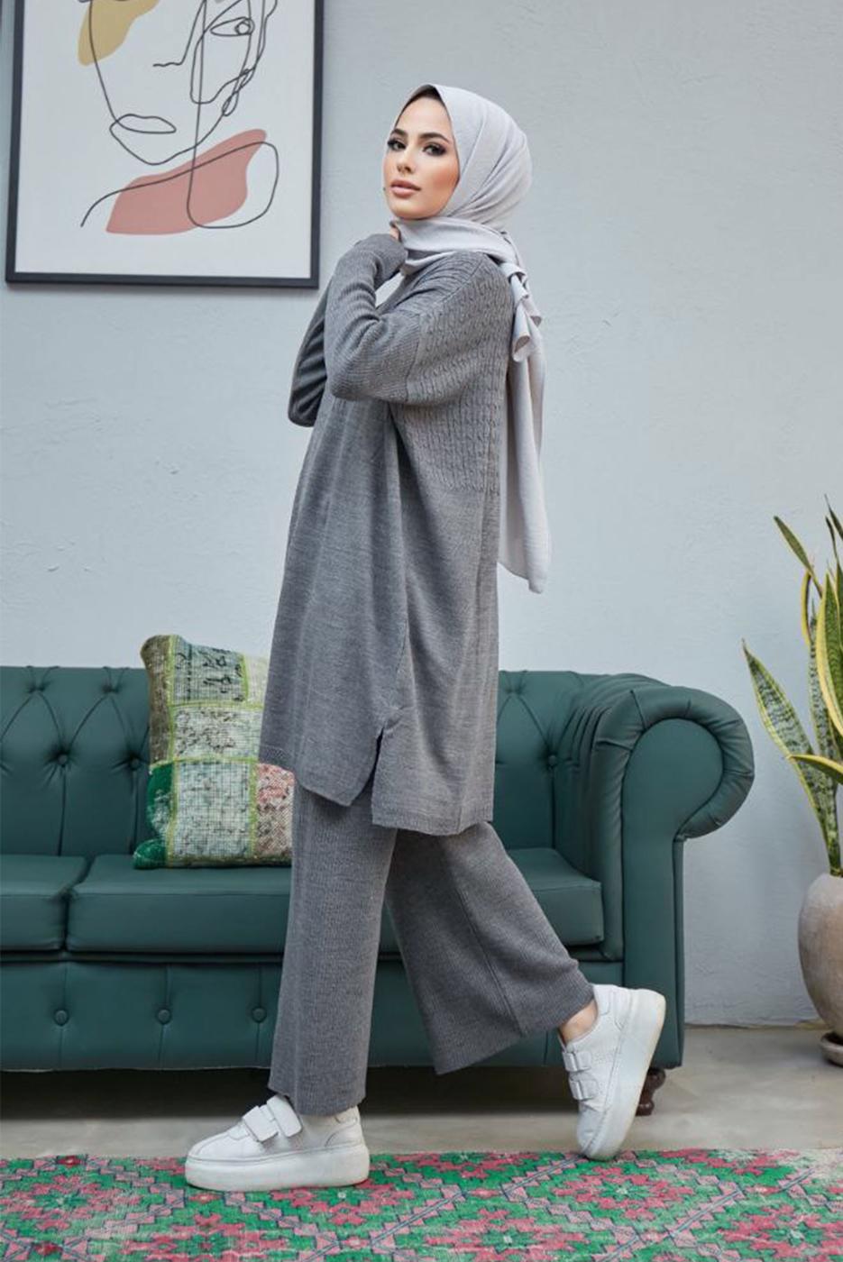 Hijab clothing GREY CABLE-KNIT DETAIL 2-PIECE KNITWEAR PANTS SUIT 0503 
