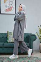 Hijab clothing GREY CABLE-KNIT DETAIL 2-PIECE KNITWEAR PANTS SUIT 0503 