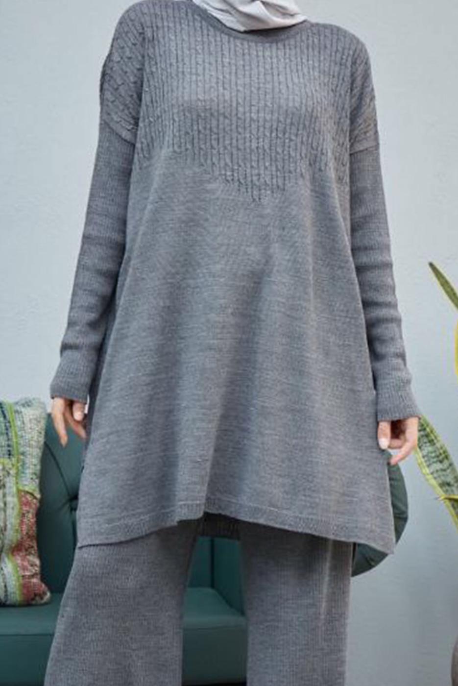 Hijab clothing GREY CABLE-KNIT DETAIL 2-PIECE KNITWEAR PANTS SUIT 0503 