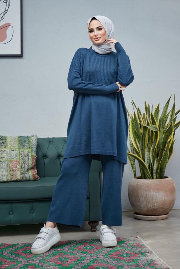 Vêtements hijab  CABLE-KNIT DETAIL 2-PIECE KNITWEAR PANTS SUIT 0503  - TRENDTESETTÜR