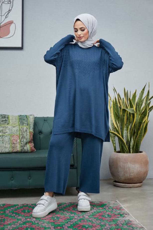 Vêtements hijab  CABLE-KNIT DETAIL 2-PIECE KNITWEAR PANTS SUIT 0503  - TRENDTESETTÜR