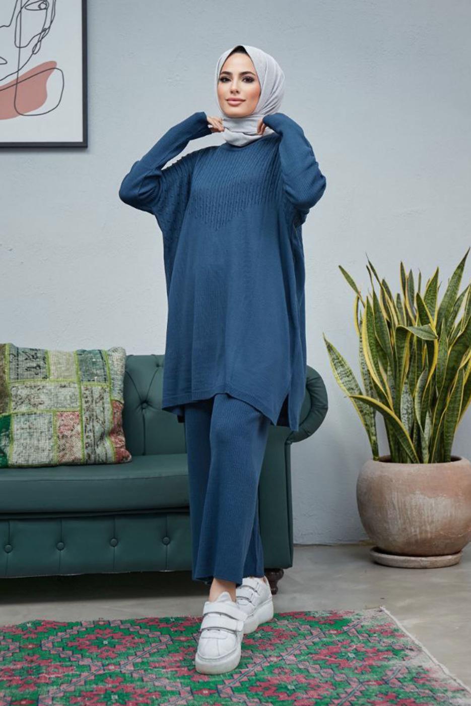 Vêtements hijab BLEU MARINE COSTUME PANTALON EN MAILLE 2 PIÈCES DÉTAILLÉES EN TRICOT 0503 