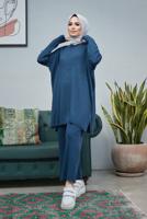 Vêtements hijab BLEU MARINE COSTUME PANTALON EN MAILLE 2 PIÈCES DÉTAILLÉES EN TRICOT 0503 