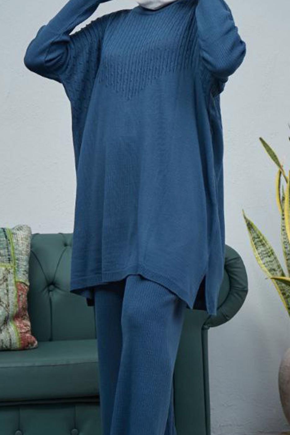 Hijab clothing NAVY BLUE CABLE-KNIT DETAIL 2-PIECE KNITWEAR PANTS SUIT 0503