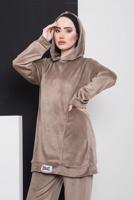 Tesettür giyim VİZON YAZI DETAYLI KAPÜŞONLU KADİFE İKİLİ PANT. TAKIM 0596 