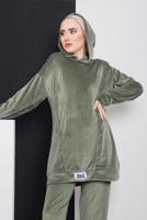 Hijab clothing GREEN SLOGAN DETAIL HOODED VELVET 2-PIECE PANTS SUIT 0596 