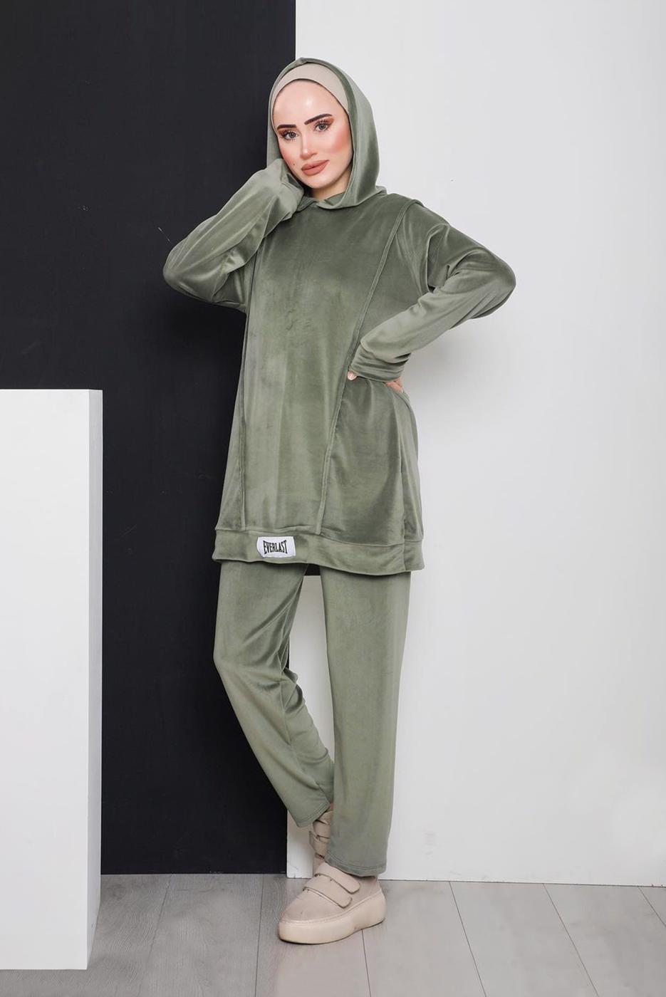 Hijab clothing GREEN SLOGAN DETAIL HOODED VELVET 2-PIECE PANTS SUIT 0596 