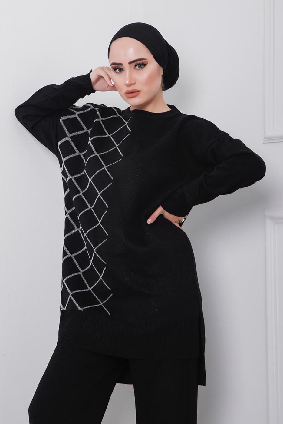 Tesettür giyim SİYAH GEOMETRİK DESENLİ 2&prime;Lİ TRİKO PANT. TAKIM 0712 