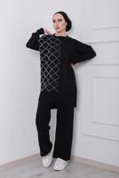 Tesettür giyim SİYAH GEOMETRİK DESENLİ 2&prime;Lİ TRİKO PANT. TAKIM 0712 