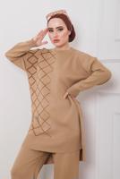 Tesettür giyim KAHVE GEOMETRİK DESENLİ 2&prime;Lİ TRİKO PANT. TAKIM 0712 