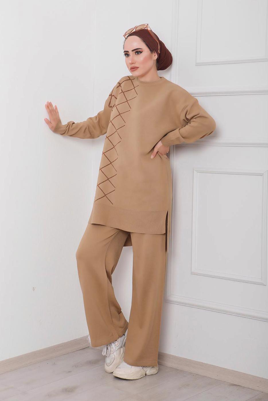 Tesettür giyim KAHVE GEOMETRİK DESENLİ 2&prime;Lİ TRİKO PANT. TAKIM 0712 