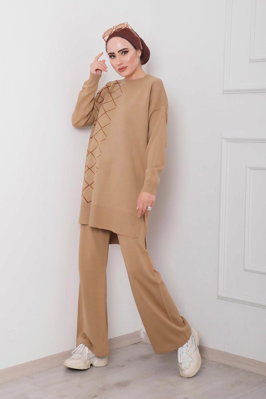 Tesettür giyim KAHVE GEOMETRİK DESENLİ 2&prime;Lİ TRİKO PANT. TAKIM 0712 