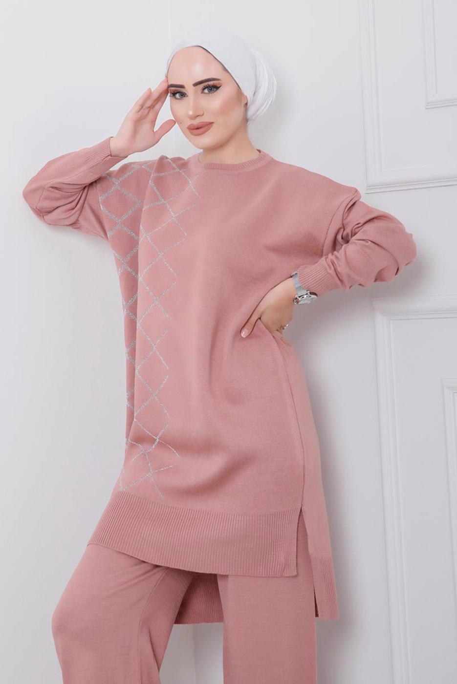 Tesettür giyim PUDRA GEOMETRİK DESENLİ 2&prime;Lİ TRİKO PANT. TAKIM 0712 