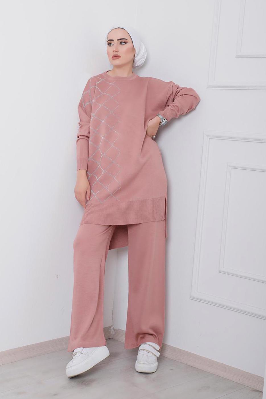 Tesettür giyim PUDRA GEOMETRİK DESENLİ 2&prime;Lİ TRİKO PANT. TAKIM 0712 