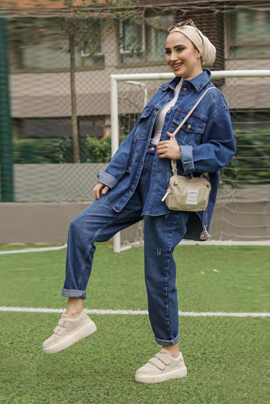 Tesettür giyim LACİVERT CEP DETAYLI DÜĞMELİ İKİLİ KOT PANT. TAKIM 805 