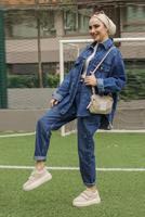 Tesettür giyim LACİVERT CEP DETAYLI DÜĞMELİ İKİLİ KOT PANT. TAKIM 805 