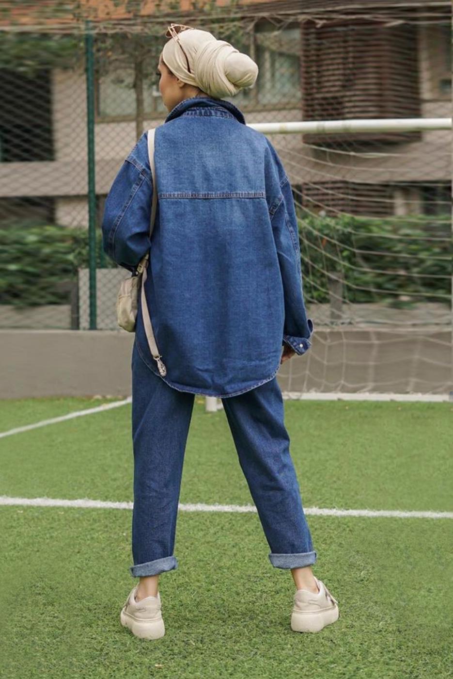 Tesettür giyim LACİVERT CEP DETAYLI DÜĞMELİ İKİLİ KOT PANT. TAKIM 805 