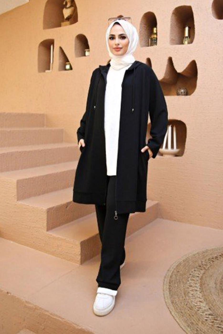 Vêtements hijab NOIR ENSEMBLE DE SURVÊTEMENT 2 PIÈCES À CAPUCHE AVEC FERMETURE ÉCLAIR ET PANTALON 10001