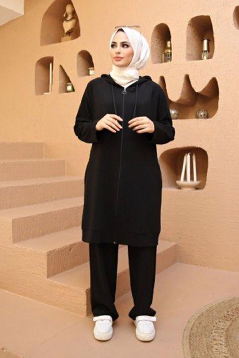 Vêtements hijab NOIR ENSEMBLE DE SURVÊTEMENT 2 PIÈCES À CAPUCHE AVEC FERMETURE ÉCLAIR ET PANTALON 10001