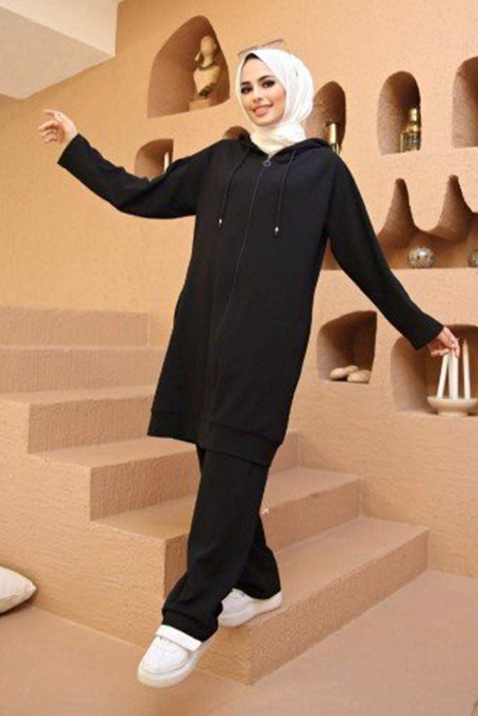 Vêtements hijab NOIR ENSEMBLE DE SURVÊTEMENT 2 PIÈCES À CAPUCHE AVEC FERMETURE ÉCLAIR ET PANTALON 10001