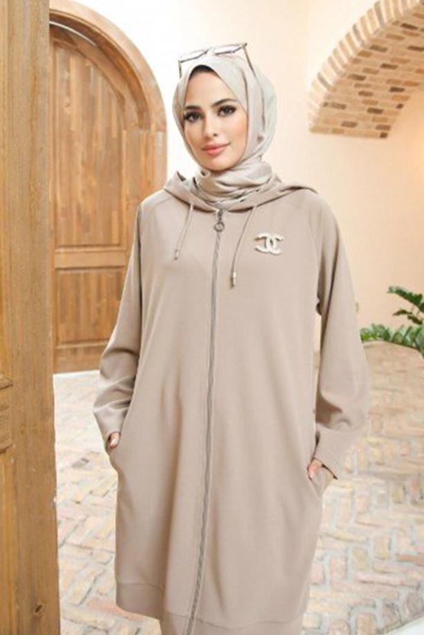 Tesettür giyim  FERMUARLI KAPÜŞONLU İKİLİ PANT. TAKIM 10001  - TRENDTESETTÜR