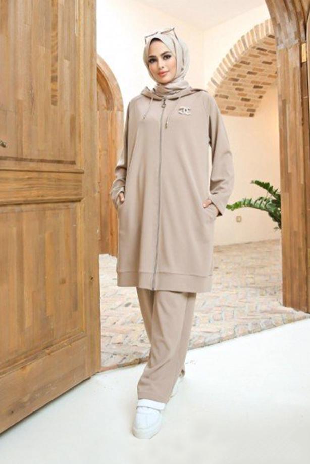 Tesettür giyim  FERMUARLI KAPÜŞONLU İKİLİ PANT. TAKIM 10001  - TRENDTESETTÜR