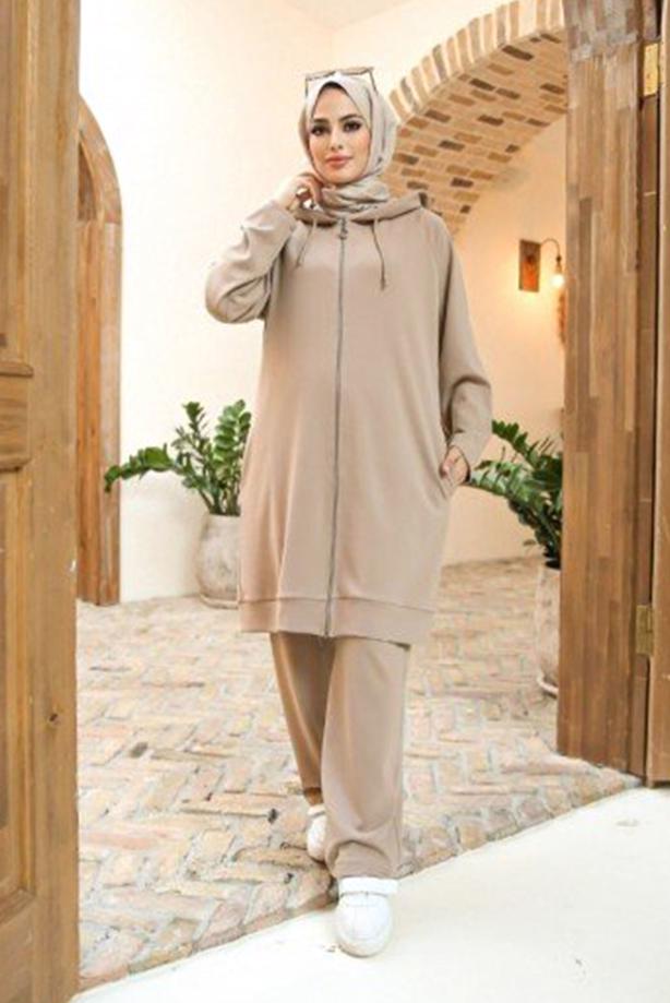 Tesettür giyim  FERMUARLI KAPÜŞONLU İKİLİ PANT. TAKIM 10001  - TRENDTESETTÜR