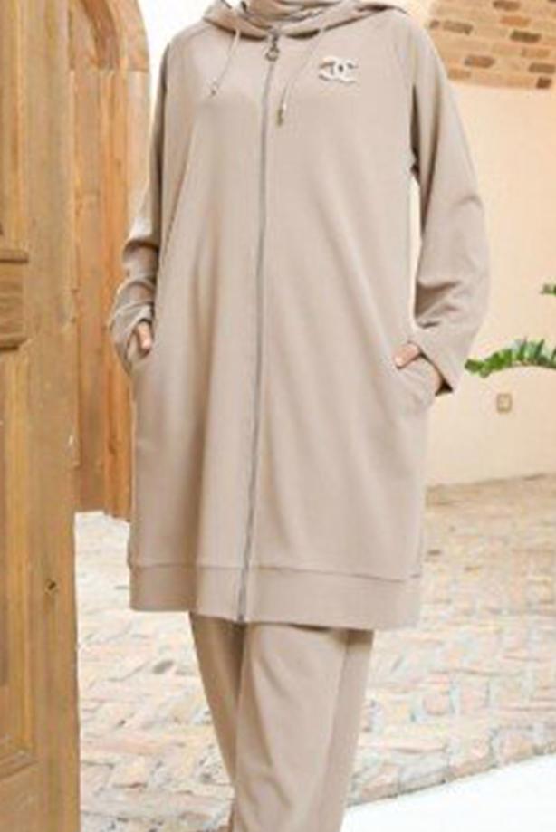 Tesettür giyim  FERMUARLI KAPÜŞONLU İKİLİ PANT. TAKIM 10001  - TRENDTESETTÜR