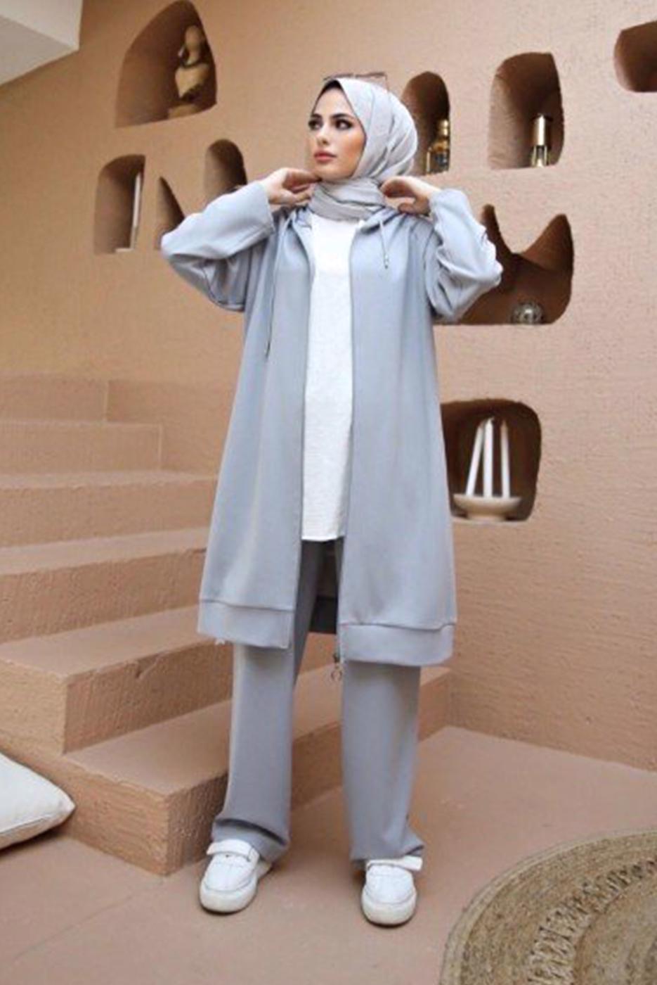 Vêtements hijab GRIS ENSEMBLE DE SURVÊTEMENT 2 PIÈCES À CAPUCHE AVEC FERMETURE ÉCLAIR ET PANTALON 10001