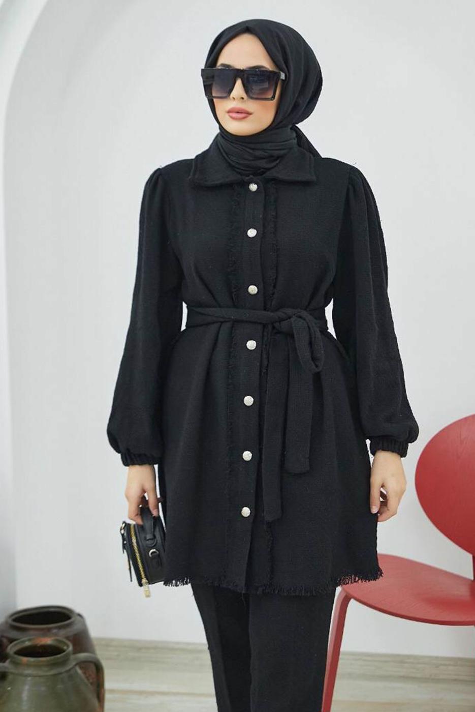 Tesettür giyim SİYAH MANŞETLERİ LASTİKLİ KUŞAKLI İKİLİ PANT. TAKIM 10002