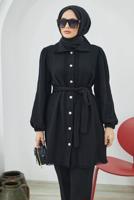 Tesettür giyim SİYAH MANŞETLERİ LASTİKLİ KUŞAKLI İKİLİ PANT. TAKIM 10002