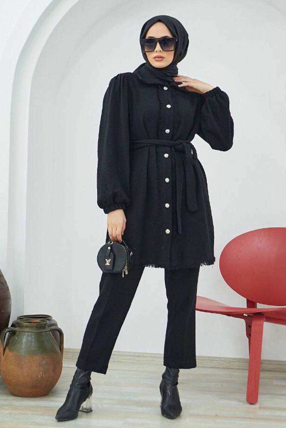 Tesettür giyim SİYAH MANŞETLERİ LASTİKLİ KUŞAKLI İKİLİ PANT. TAKIM 10002