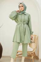Hijab clothing GREEN BELTED 2-PIECE PANTS SUIT WITH ELASTIC CUFFS 10002