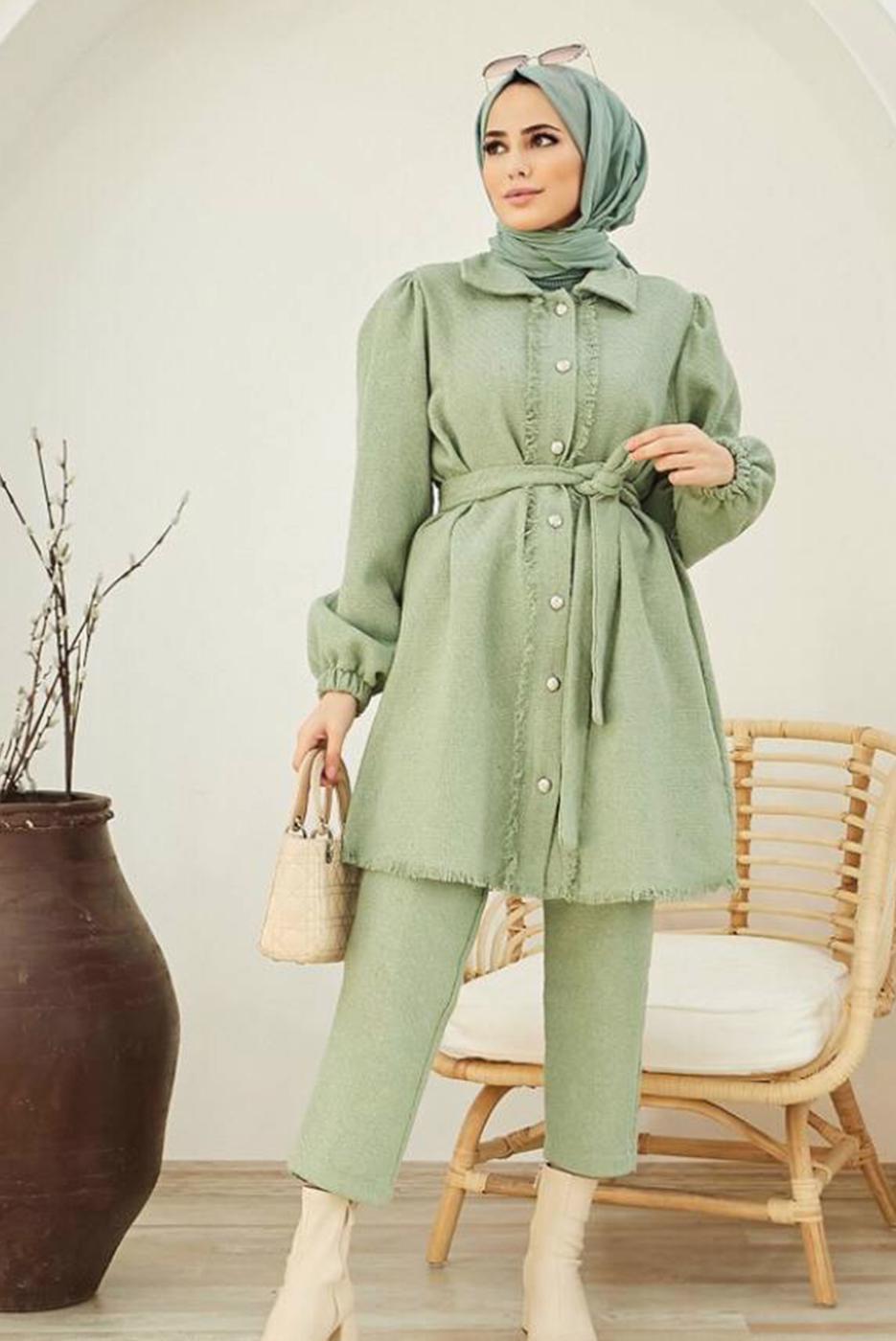Hijab clothing GREEN BELTED 2-PIECE PANTS SUIT WITH ELASTIC CUFFS 10002