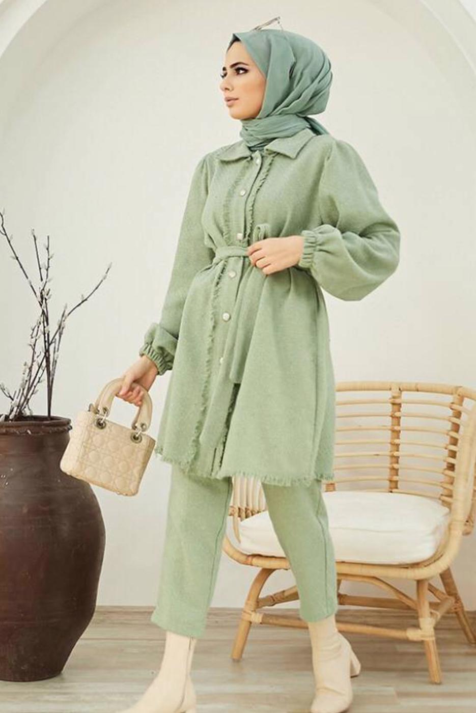 Hijab clothing GREEN BELTED 2-PIECE PANTS SUIT WITH ELASTIC CUFFS 10002