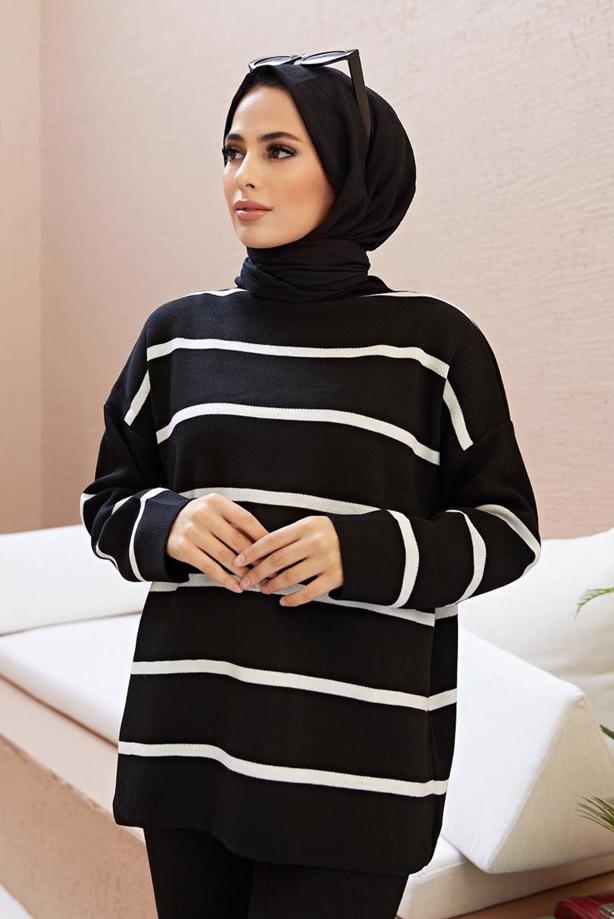 Vêtements hijab  STRIPE DETAIL 2-PIECE KNITWEAR PANTS SUIT 1204  - TRENDTESETTÜR