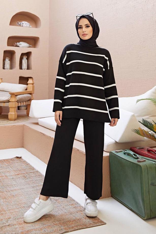 Vêtements hijab  STRIPE DETAIL 2-PIECE KNITWEAR PANTS SUIT 1204  - TRENDTESETTÜR