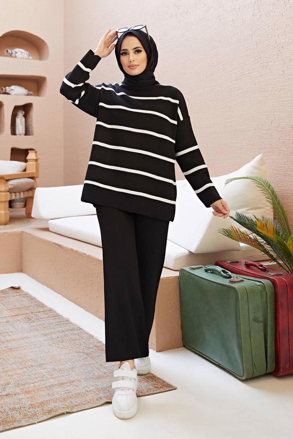 Vêtements hijab NOIR COSTUME PANTALON EN MAILLE 2 PIÈCES À RAYURES 1204